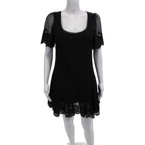 Designer Womens Shift Dress Black Polka Dot Square Neck Short Sleeve Size S